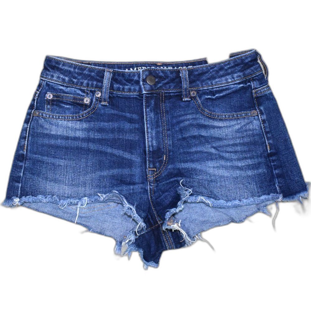 American Eagle High Rise Cut Off Denim Shorts Size 4 Frayed Hem Dark Blue
